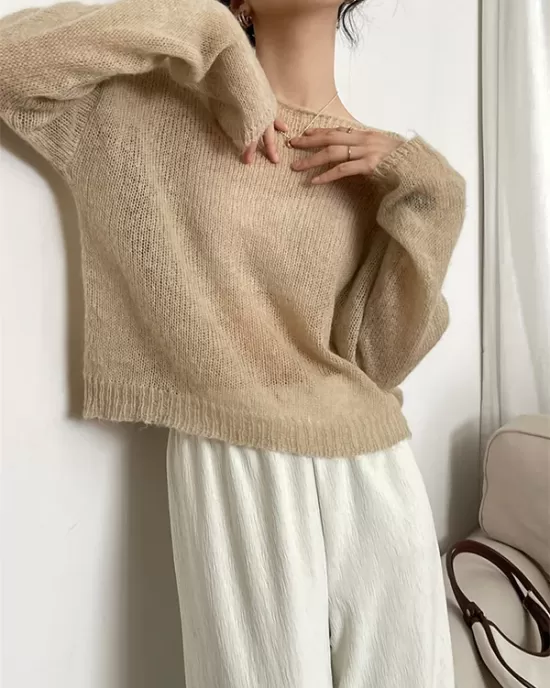 Gentle Mohair Knitted Loose Long Sleeves Solid Color Thin Sweater Tops