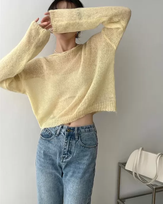 Gentle Mohair Knitted Loose Long Sleeves Solid Color Thin Sweater Tops