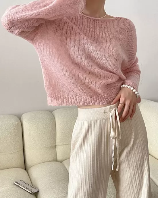 Gentle Mohair Knitted Loose Long Sleeves Solid Color Thin Sweater Tops