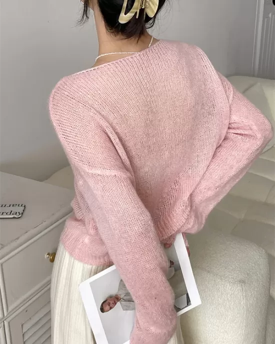 Gentle Mohair Knitted Loose Long Sleeves Solid Color Thin Sweater Tops