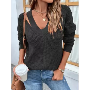 Stylish Loose Solid Color V-Neck Sweater Tops