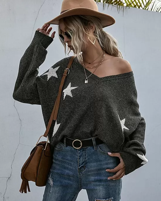 Casual Loose Patchwork V-Neck Sweater Top