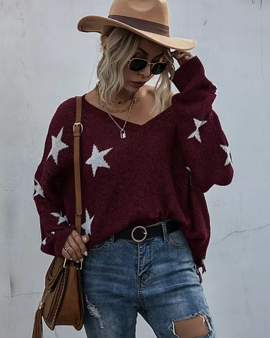 Casual Loose Patchwork V-Neck Sweater Top