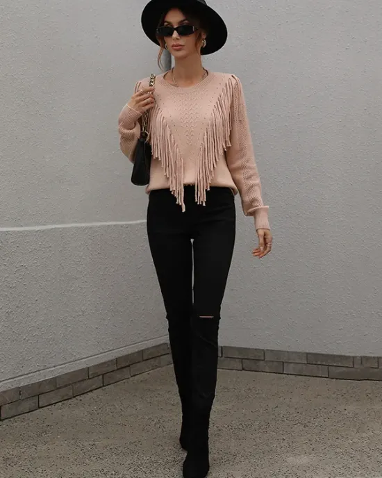 Original Long Sleeves Loose Tasseled Solid Color Round-Neck Sweater Tops