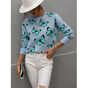 Original Long Sleeves Loose Butterfly Print Contrast Color Round-Neck Sweater Tops