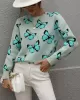 Original Long Sleeves Loose Butterfly Print Contrast Color Round-Neck Sweater Tops