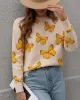 Original Long Sleeves Loose Butterfly Print Contrast Color Round-Neck Sweater Tops