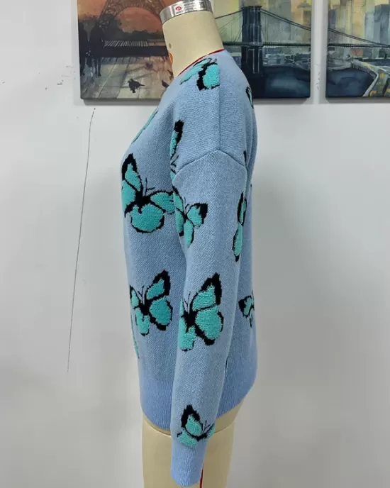 Original Long Sleeves Loose Butterfly Print Contrast Color Round-Neck Sweater Tops