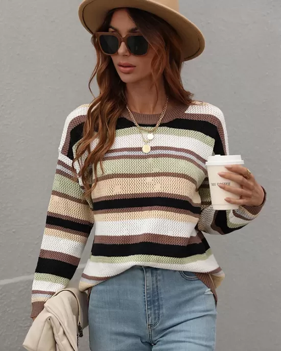 Original Long Sleeves Loose Contrast Color Striped Round-Neck Sweater Tops