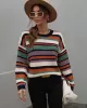 Original Long Sleeves Loose Contrast Color Striped Round-Neck Sweater Tops