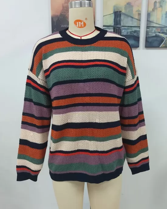 Original Long Sleeves Loose Contrast Color Striped Round-Neck Sweater Tops