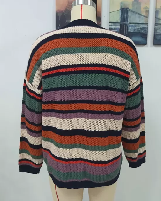 Original Long Sleeves Loose Contrast Color Striped Round-Neck Sweater Tops