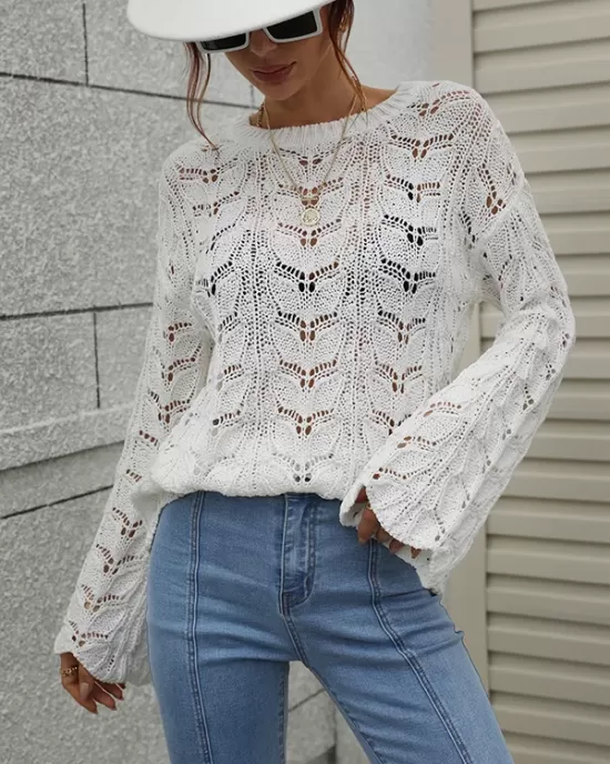 Original Creation Long Sleeves Loose Hollow Solid Color Round-Neck Sweater Tops