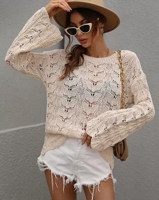 Original Creation Long Sleeves Loose Hollow Solid Color Round-Neck Sweater Tops