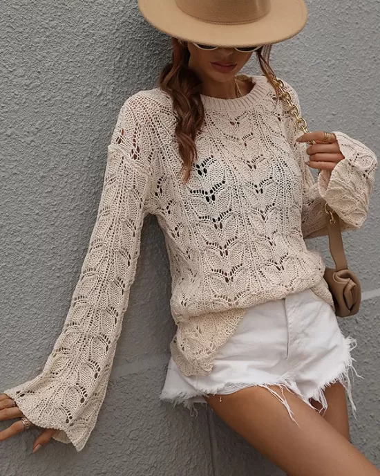 Original Creation Long Sleeves Loose Hollow Solid Color Round-Neck Sweater Tops