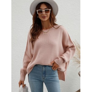 Casual Long Sleeves Loose Split-Side Solid Color Round-Neck Sweater Tops