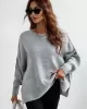 Casual Long Sleeves Loose Split-Side Solid Color Round-Neck Sweater Tops