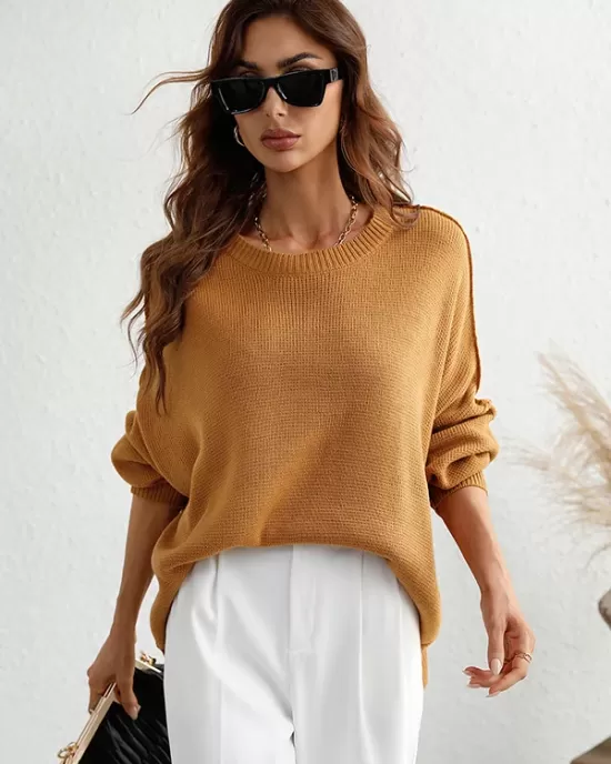 Casual Long Sleeves Loose Split-Side Solid Color Round-Neck Sweater Tops