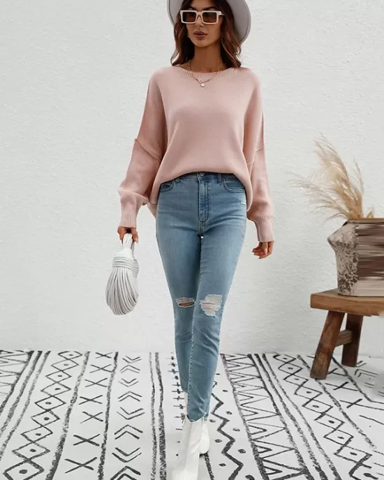 Casual Long Sleeves Loose Split-Side Solid Color Round-Neck Sweater Tops