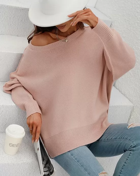 Casual Long Sleeves Loose Split-Side Solid Color Round-Neck Sweater Tops