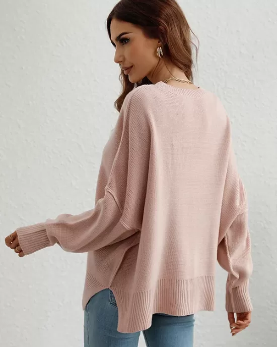 Casual Long Sleeves Loose Split-Side Solid Color Round-Neck Sweater Tops