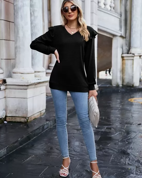 Casual Loose Solid Color V-Neck Shirts Top