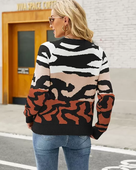 Casual Loose Zebra-Stripe Patchwork Sweater Top