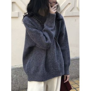 Simple Loose Long Sleeves Round-Neck Sweater Tops Pullovers