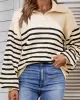 Casual Long Sleeves Loose Striped Lapel Collar Sweater Tops