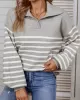 Casual Long Sleeves Loose Striped Lapel Collar Sweater Tops