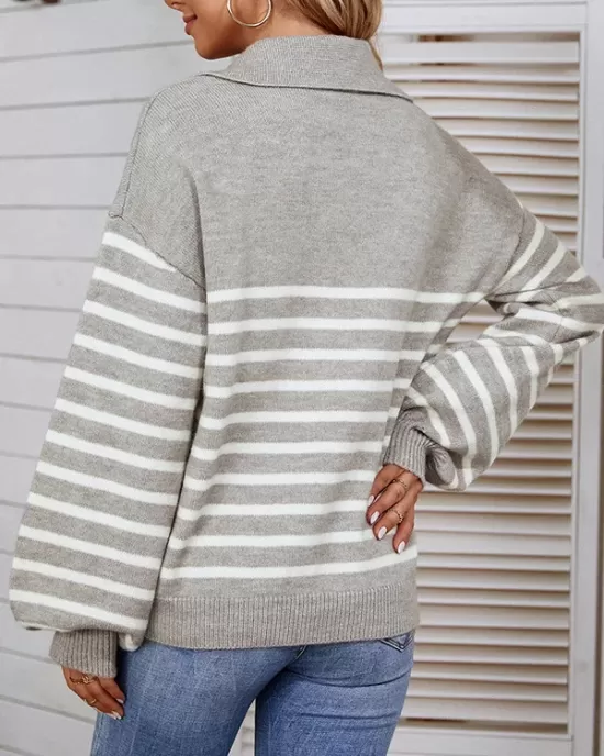 Casual Long Sleeves Loose Striped Lapel Collar Sweater Tops