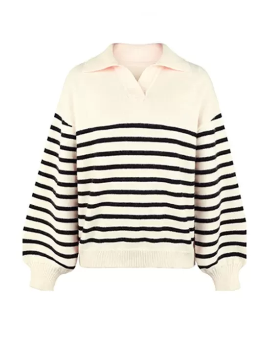 Casual Long Sleeves Loose Striped Lapel Collar Sweater Tops