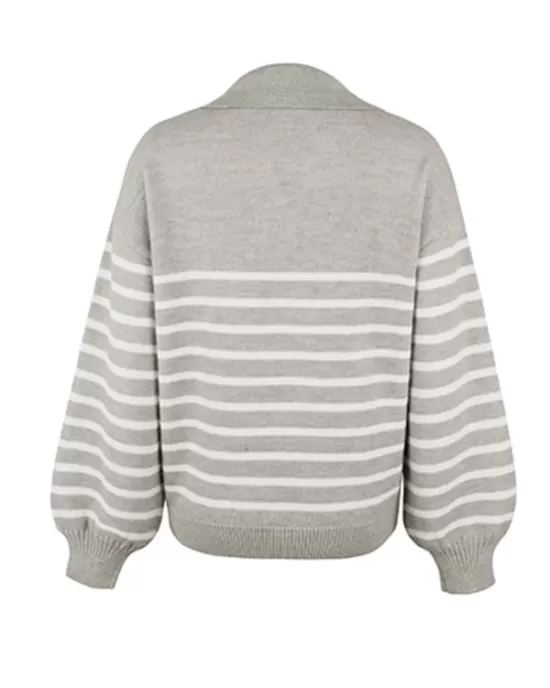 Casual Long Sleeves Loose Striped Lapel Collar Sweater Tops