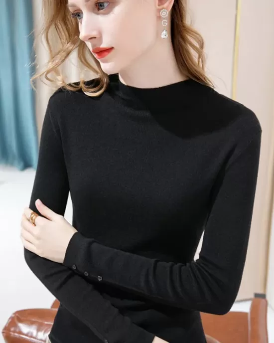 Simple Long Sleeves Skinny Keep Warm Solid Color High-Neck Pullovers