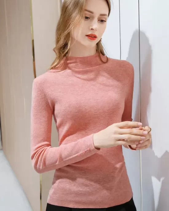 Simple Long Sleeves Skinny Keep Warm Solid Color High-Neck Pullovers