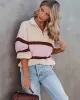 Stylish Loose Solid Color& Contrast Color Striped Lapel Collar Sweater Tops