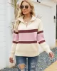 Stylish Loose Solid Color& Contrast Color Striped Lapel Collar Sweater Tops