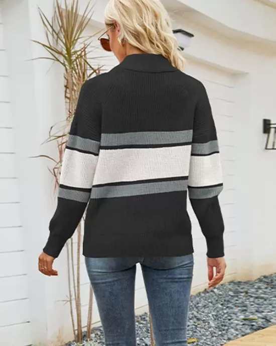 Stylish Loose Solid Color& Contrast Color Striped Lapel Collar Sweater Tops