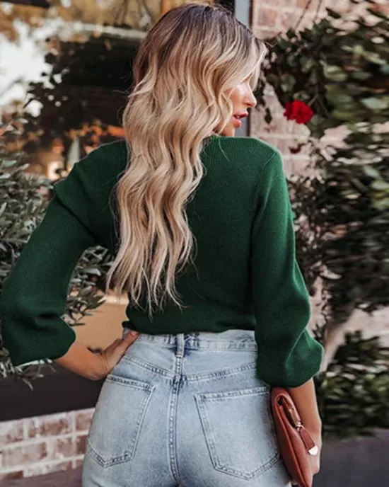 Casual Long Sleeves Solid Color V-Neck Sweater Tops