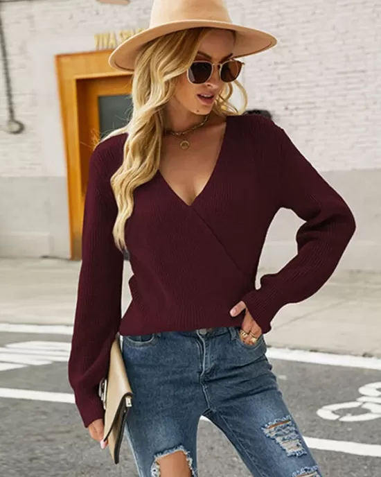 Casual Long Sleeves Solid Color V-Neck Sweater Tops