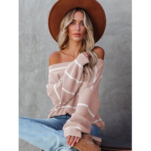 Long Sleeves Striped Off-The-Shoulder Sweater Tops