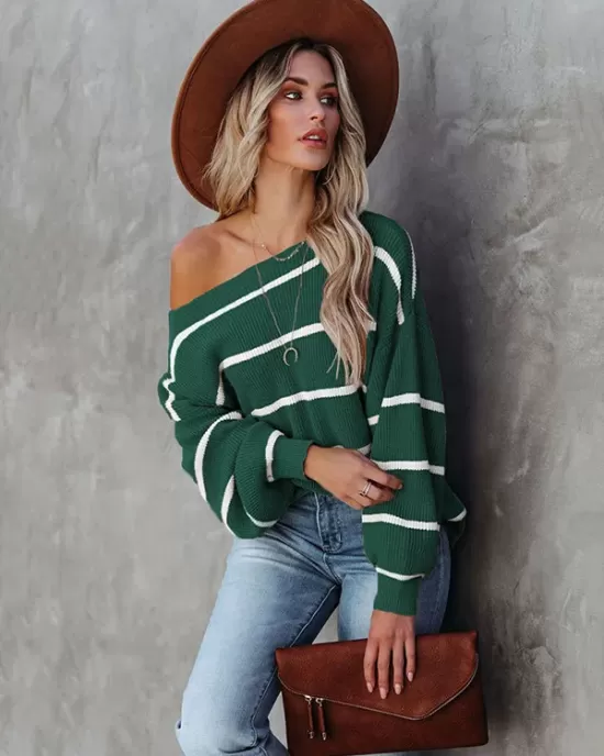 Long Sleeves Striped Off-The-Shoulder Sweater Tops