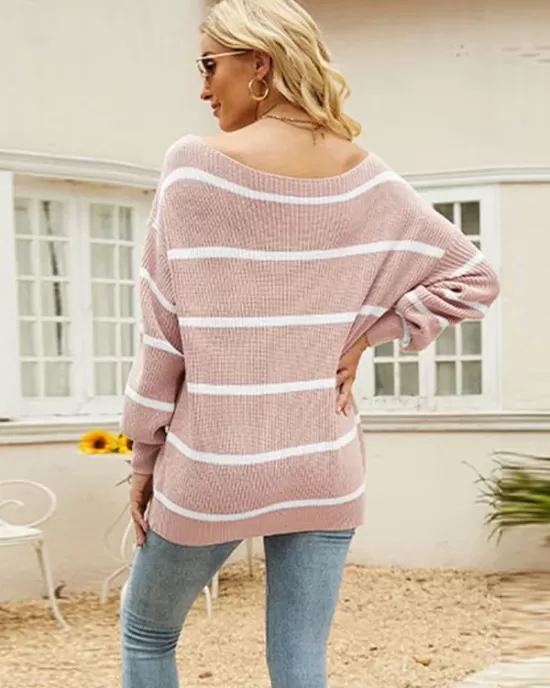 Long Sleeves Striped Off-The-Shoulder Sweater Tops