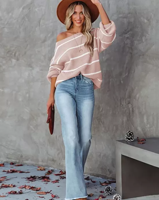 Long Sleeves Striped Off-The-Shoulder Sweater Tops