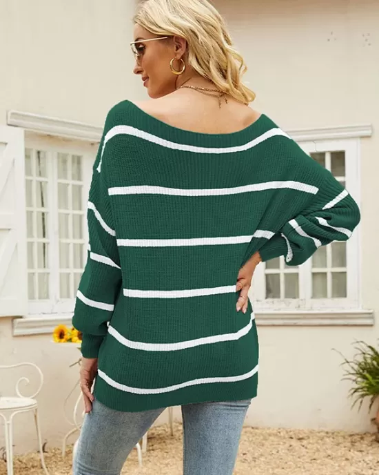 Long Sleeves Striped Off-The-Shoulder Sweater Tops