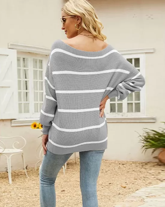 Long Sleeves Striped Off-The-Shoulder Sweater Tops