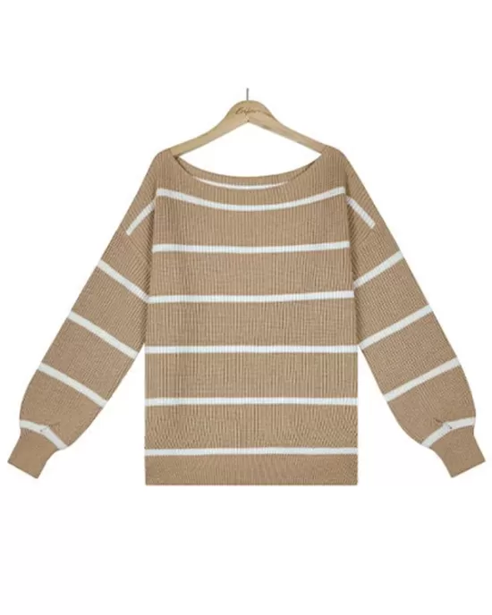 Long Sleeves Striped Off-The-Shoulder Sweater Tops