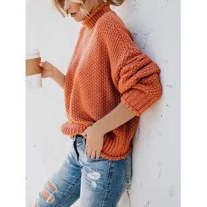 Casual Long Sleeves Solid Color High-Neck Sweater Tops