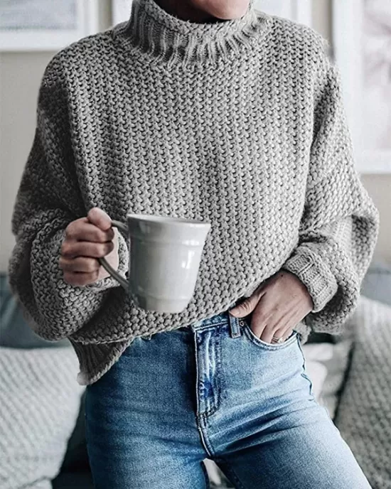 Casual Long Sleeves Solid Color High-Neck Sweater Tops