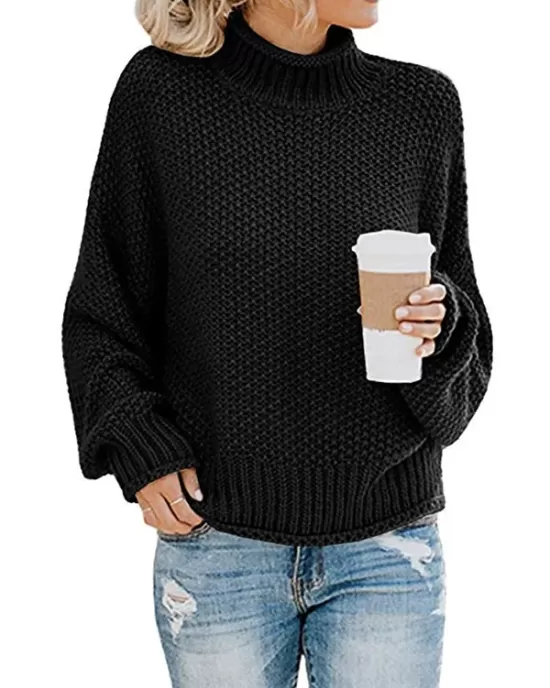 Casual Long Sleeves Solid Color High-Neck Sweater Tops